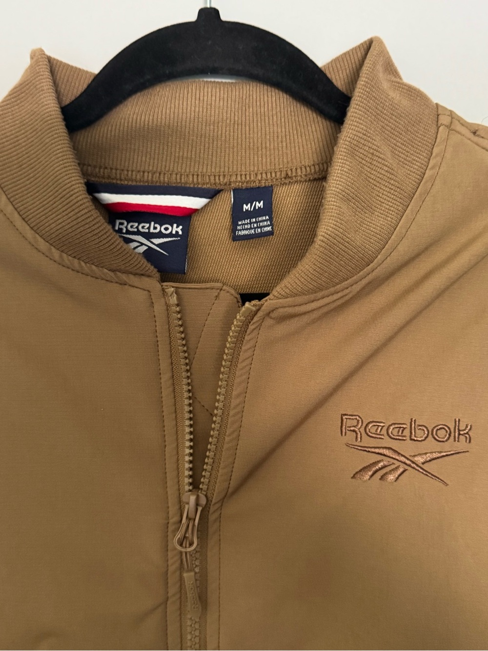 Reebok Men’s M Tan Bomber Jacket Utility Pocket Stretch Logo Brown